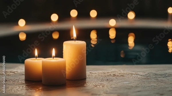 Obraz Peaceful Evening with Glowing Candles Next to a Calm Pool in a Relaxing Atmosphere