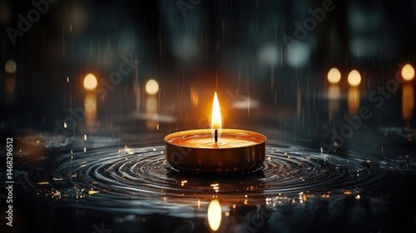 Obraz Tranquil Candle Flame in Rainy Night Reflected in Water Ripples, Creating a Serene and Peaceful Atmosphere