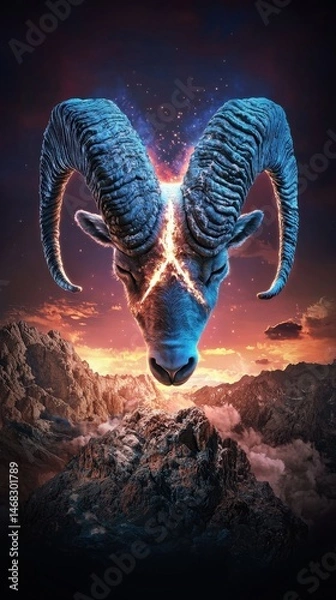 Obraz Stunning Blue Ram Head Surrounded by Fiery Elements and Majestic Rocky Landscape at Sunset
