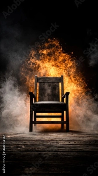 Obraz Dark Chair Surrounded by Dramatic Flames and Smoke in a Mysterious Setting for Creative Art and Concepts