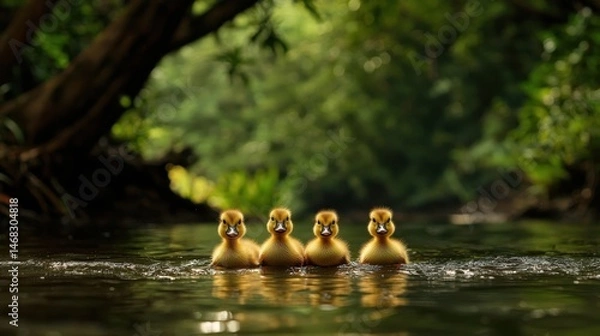 Obraz Four Adorable Baby Ducks Swimming Together in a Serene Natural Environment Surrounded by Lush Greenery