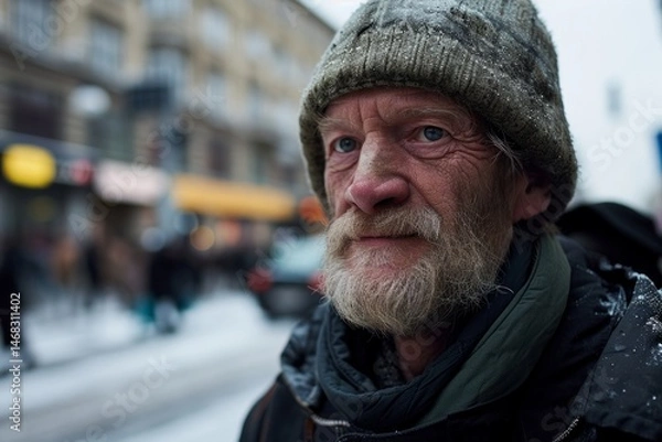 Fototapeta Portrait of an old man with a gray beard and mustache on a city street