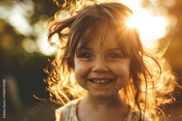 Fototapeta Portrait of a smiling little girl in the park at sunset.