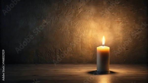 Obraz A lone candle flickers in a dimly lit room with shadows on the walls