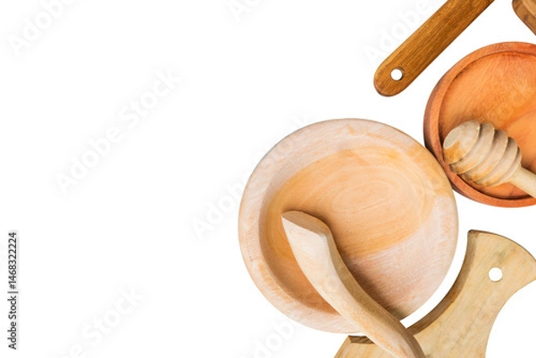 Obraz wooden kitchen equipment with empty space isolated on white