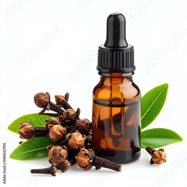 Fototapeta A close-up of clove essential oil bottle with cloves and leaves on a white background.
