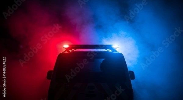 Fototapeta Isolated Emergency Vehicle Back View with Red and Blue Flashing Lights Surrounded by Swirling Smoke on White Background