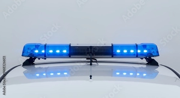 Obraz Top Down View of Illuminated Blue LED Emergency Vehicle Light Bar Isolated on White Background