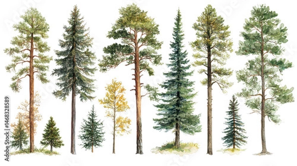 Fototapeta Watercolor painting of different types of trees with a transparent background