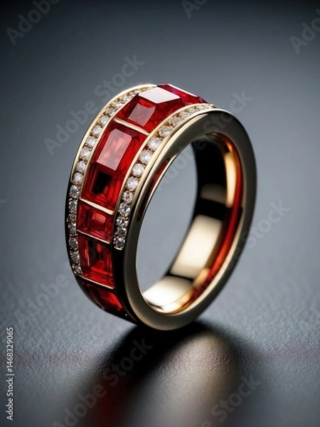 Fototapeta Elegant Gold Ring with Ruby and Diamond Details