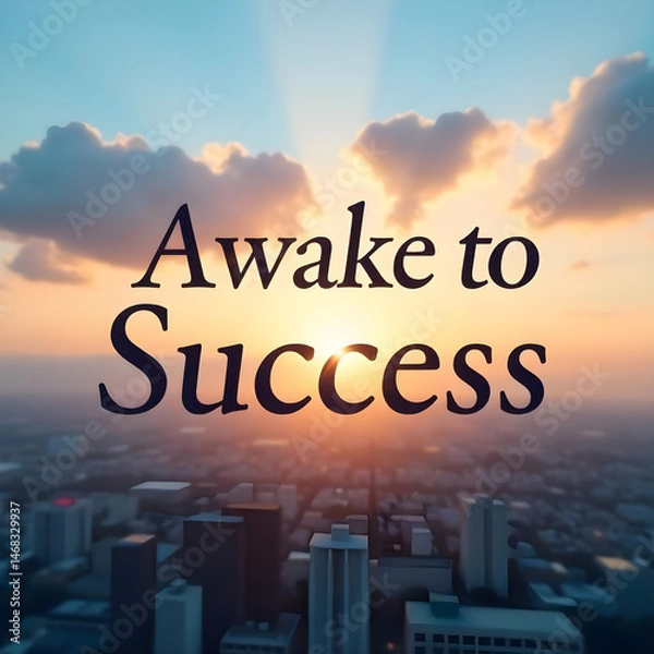 Fototapeta text="Awake to Success" on a blurred dawn background with softly rising clouds and subtle cityscape outlines. Elegant modern sans-serif font, 96 pt, dynamic left-aligned with generous leading and a me