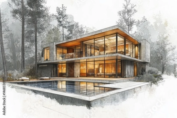 Fototapeta Sketch of a modern house nestled within a wintry forest.