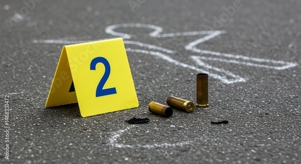 Obraz Crime Scene Depicts Evidence Marker Bullet Casings and Body Outline on Asphalt