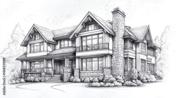 Fototapeta Detailed pencil sketch of a grand, two-story home design.