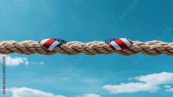 Fototapeta American flags tied to a rope symbolize division.