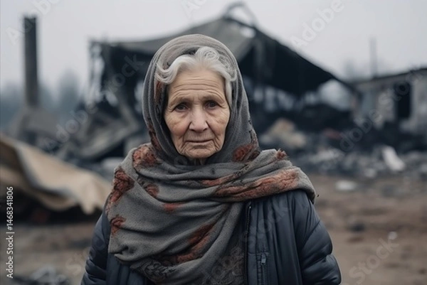 Fototapeta Portrait of an elderly woman on the background of a destroyed house