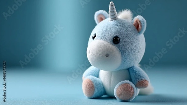 Fototapeta Modern light blue unicorn plush toy with pastel pink hooves on matte display cube – Image 4K UHD