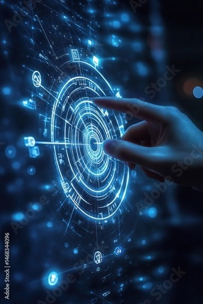 Obraz Hand interacting with a futuristic digital blue holographic circular interface with various icons and data points in a dark environment