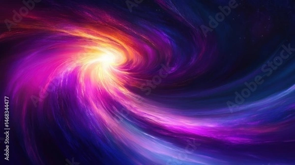 Fototapeta Vibrant swirling cosmic vortex with bright glowing center emitting purple, pink, orange, and blue nebulous light streaks creating a dynamic outer space scene