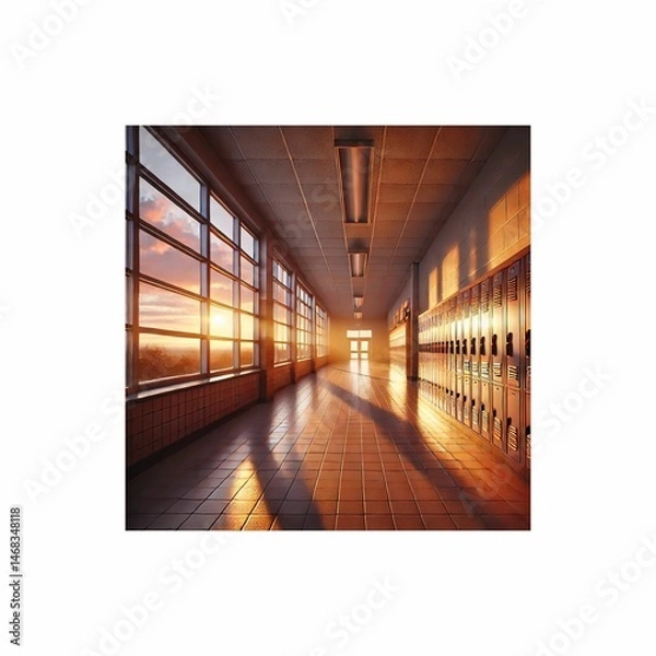 Obraz 廊下と窓から見える夕焼け