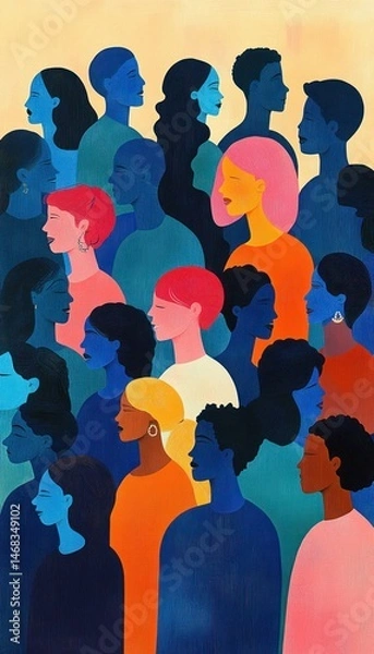 Fototapeta Diverse group of individuals in vibrant colors and profiles facing different directions expressing unity and individuality