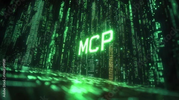 Fototapeta Glowing green digital matrix background with cascading binary code and the bright letters MCP in the center conveying a futuristic cyber technology concept