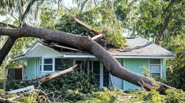 Fototapeta Devastating aftermath of a storm with a fallen tree crushing a residential property