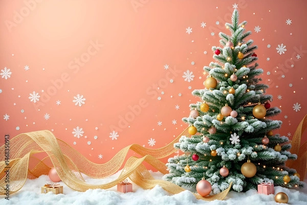Fototapeta  Christmas background with fir tree and snowflakes Christmas tree with toys and ornaments in snowy pink background