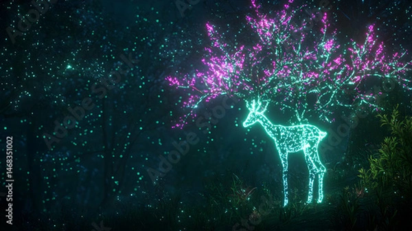 Fototapeta Glowing Deer Silhouette Under Illuminated Tree At Night