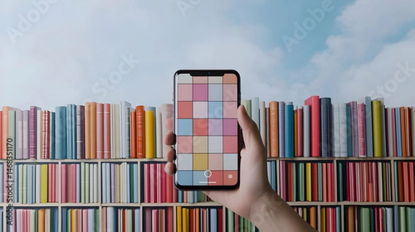Fototapeta Hand Holding Smartphone With Colorful App Display In Front Of Bookshelf