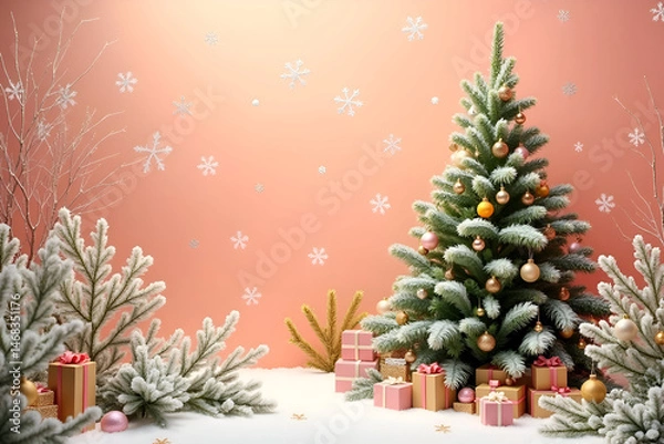 Fototapeta  Christmas background with fir tree and snowflakes Christmas tree with toys and ornaments in snowy pink background