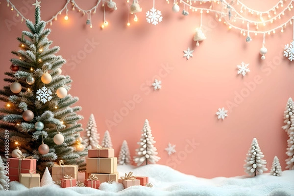 Fototapeta  Christmas background with fir tree and snowflakes Christmas tree with toys and ornaments in snowy pink background
