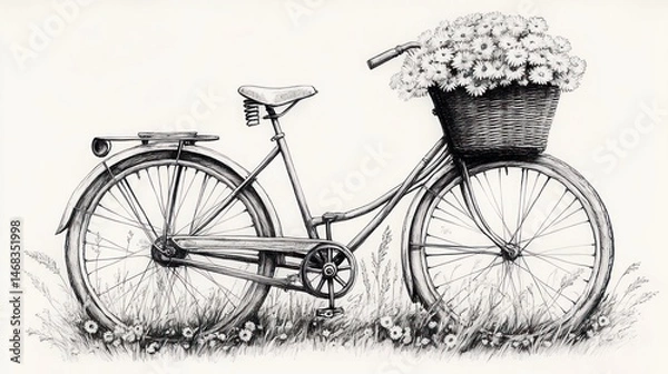 Fototapeta Black and white sketch of a classic bicycle with a basket full of flowers standing in tall grass and daisies