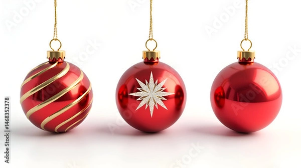 Fototapeta Set of Red Christmas Ornaments with Gold and White Designs Hanging on White Background – Holiday Decoration Concept christmas balls on white background