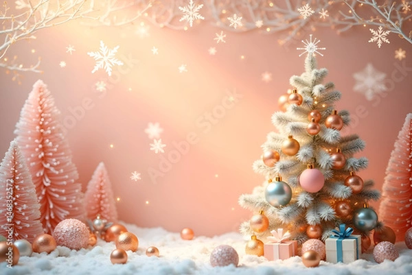 Fototapeta  Christmas background with fir tree and snowflakes Christmas tree with toys and ornaments in snowy pink background