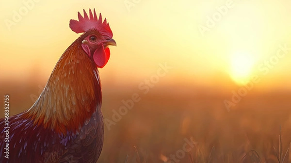 Fototapeta Rooster In A Golden Sunrise Field