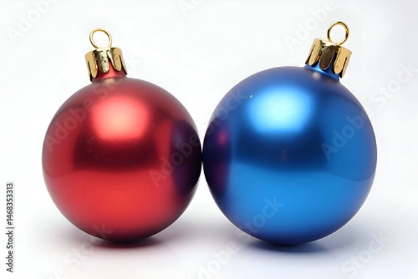 Fototapeta Red and Blue Christmas Ornaments with Gold Tops on Light Background – Minimal Holiday Decoration Concept