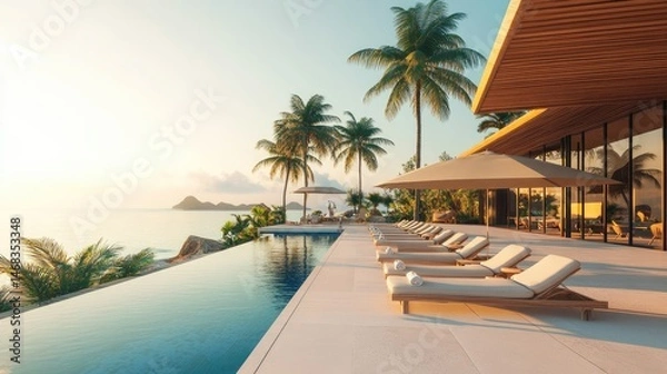 Fototapeta Infinity pool overlooking tropical sea, surrounded by palm trees and lush summer landscape