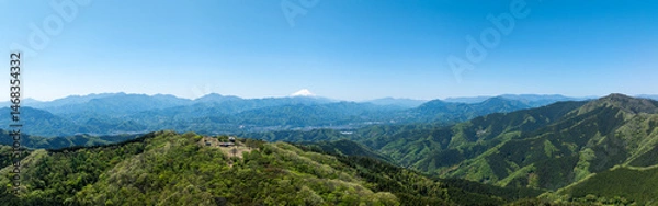 Obraz 新緑の陣馬山と富士山のパノラマ