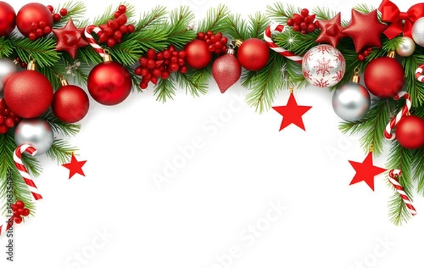 Fototapeta Christmas background with tree branches, red poinsettia flowers, ornaments, and space for text – festive holiday frame design

