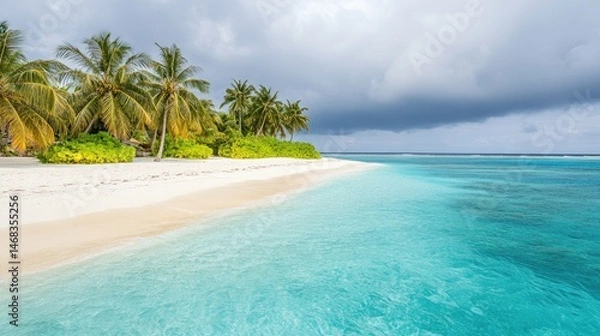 Fototapeta Overcast tropical beach background with moody skies and reflective water surface