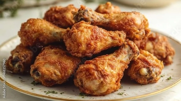 Fototapeta plate of crispy golden fried chicken drumsticks on white plate with garnish