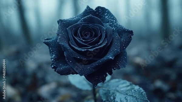 Obraz Close-up of a dark blue rose covered with dew drops with a blurred forest background creating a calm and mysterious atmosphere