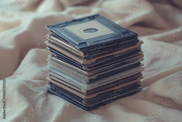 Fototapeta A stack of old mini discs sits on a beige fabric background, representing the nostalgia of a bygone era of music.