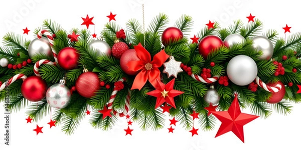 Fototapeta Festive Christmas border featuring hand-drawn snowflakes and evergreen branches intertwined with red ribbons christmas tree decorations Christmas garland, red and silver ornaments, festive pine decor