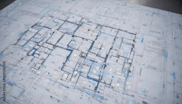 Fototapeta Blueprint overlay on architectural floor plan, digital template, blue tones ,  building,  background