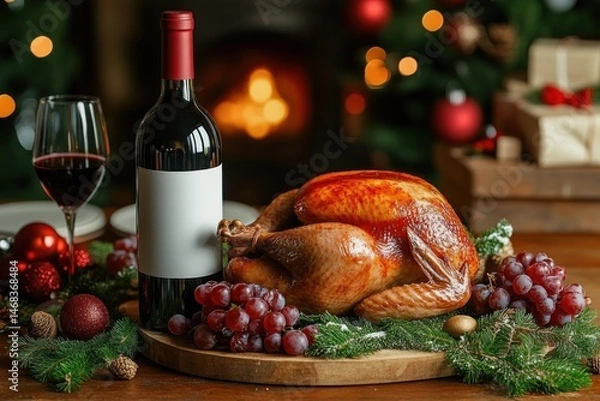 Fototapeta Roasted whole turkey on a wooden board garnished with grapes and pine branches next to a bottle of red wine and a glass with a cozy fireplace and festive decorations in the background