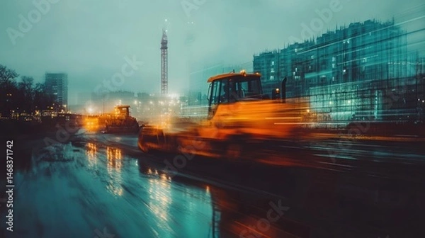 Fototapeta The energy and hustle and bustle of a construction site the blurry view effectively creates a sense of movement and activity in the blurry building frames, cranes and ground surfaces