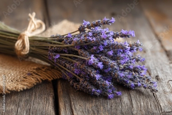 Obraz A close-up of a bunch of lavender on a weathered wooden surface.