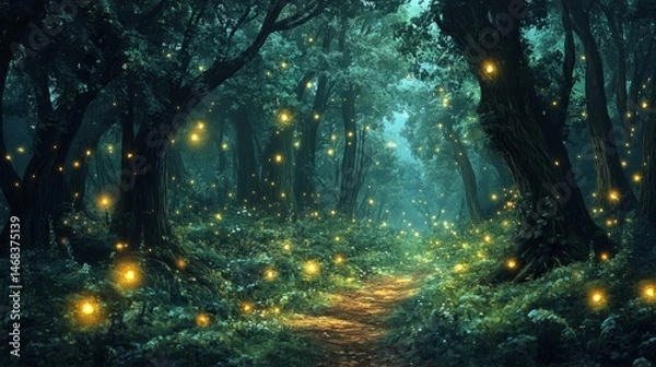 Obraz Enchanted Forest Path at Night with Glowing Fireflies